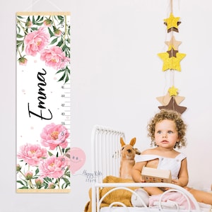 Hoogtemeter pioenrozen Groeimeter bloemen Bloemen kunst aan de muur kinderkamer Cadeau voor verjaardag of verjaardag