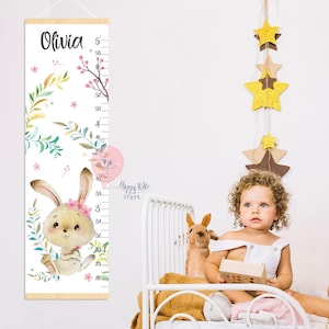 Groeimeter konijntje met bloemen Gepersonaliseerde hoogtemeter Baby konijn decoratie kinderkamer Douchecadeau
