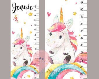 Unicorn growth chart Personalized height chart Rainbow and stars nursery room decor Birthday or shower gift