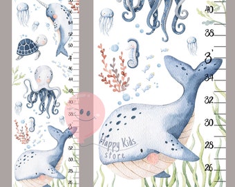 Nautical Growth Chart – Whale, Octopus, Narwhal Under the Sea Wall Height Ruler