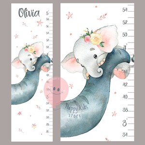 Courbe de croissance des éléphants Courbe des tailles d'éléphants pour bébés filles Décoration pour chambre d'enfants, animaux mignons, cadeau de douche ou d'anniversaire