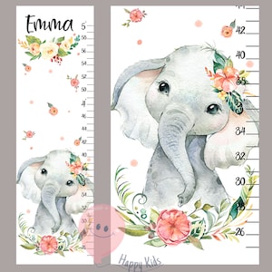 Tabla de crecimiento de elefante para niña bebé, tabla de crecimiento de elefante, animales lindos, arte infantil, decoración de habitación de bebé, regalo de ducha o cumpleaños
