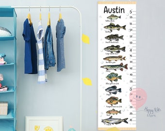 May include: A white wooden growth chart with a colorful illustration of different types of fish. The chart is labeled with the name "Austin" and has measurements in inches. The chart is hanging on a wall in a room with a blue shelf unit, a white clothing rack, and a yellow crate.