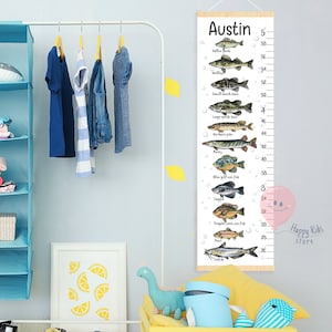 Height chart fishing Fisherman baby growth chart Freshwater fish nursery or kid room decor