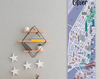 Puede incluir: Un medidor de altura vertical para pared con un mapa estilizado de la ciudad de Nueva York y el nombre Oliver impreso en la parte superior. El mapa incluye ilustraciones de monumentos de Manhattan y Brooklyn, taxis amarillos y una escala.