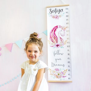 Eenhoorn groeimeter canvas gepersonaliseerde groeimeter aangepaste meisje hoogtemeter fee kinderkamer kunst roze kinderkamer decor Eenhoorn douche