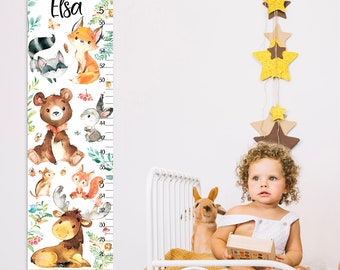 Woodland animals height chart Forest nursery art Canvas personalized growth chart Wall hanging room decoration