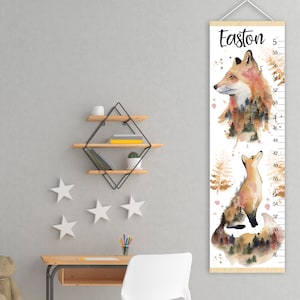 Tabla de crecimiento de zorros para colgar en la pared de la guardería de animales del bosque Tabla de altura del bosque Regalo de cumpleaños o de ducha