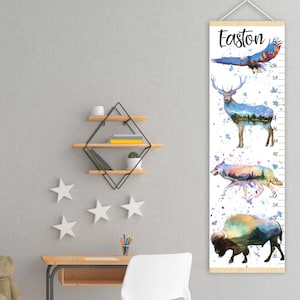 Tableau de croissance des animaux et de la nature, tableau de la hauteur de la forêt, loup, cerf, buffle, aigle, art, pépinière, bois, décor animalier, pittoresque
