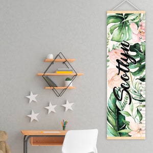 Tropische groeimeter Gepersonaliseerde hoogtemeter Groene bladeren wanddecoratie Cadeau voor verjaardag of eerste verjaardag