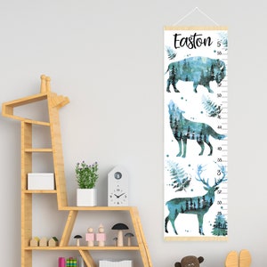 Tableau de croissance des animaux de la forêt Tableau des hauteurs personnalisé personnalisé Loup Cerf Buffle Art pour chambre d'enfant des bois Décoration de chambre pour garçon