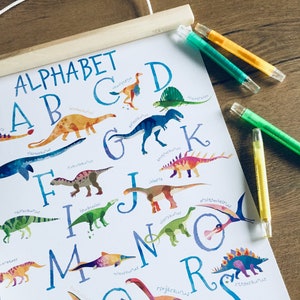 Dinosaurs alphabet poster Watercolor dino nursery wall decor A-Z kid room decor
