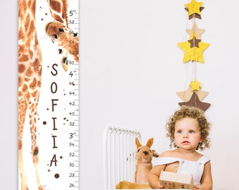 Giraffe growth chart Canvas personalized height chart Safari animals nursery art Baby room decor Shower gift