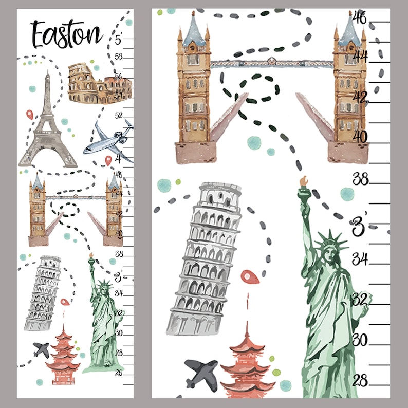 Puede incluir: Un medidor de altura blanco con el nombre Easton, ilustraciones en acuarela de la Torre Eiffel, el Coliseo, el Tower Bridge, la Torre de Pisa, la Estatua de la Libertad y una pagoda, con medidas m&eacute;tricas del 26 al 60.