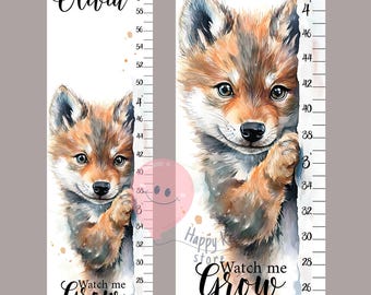 Tabla de crecimiento de lobos: regla de altura de pared para habitación de bebé lobo manada bosque