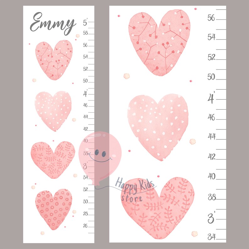 Hearts Height Chart Girl Growth Chart Watercolor Heart Nursery Wall Art