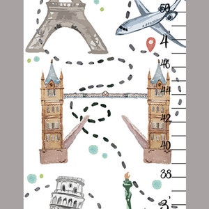 Puede incluir: Un medidor de altura blanco con el nombre Easton en la parte superior, ilustrado con la Torre Eiffel, el Coliseo, el Tower Bridge, la Torre de Pisa, la Estatua de la Libertad y una pagoda, junto a una ruta de viaje punteada y marcas imperiales.