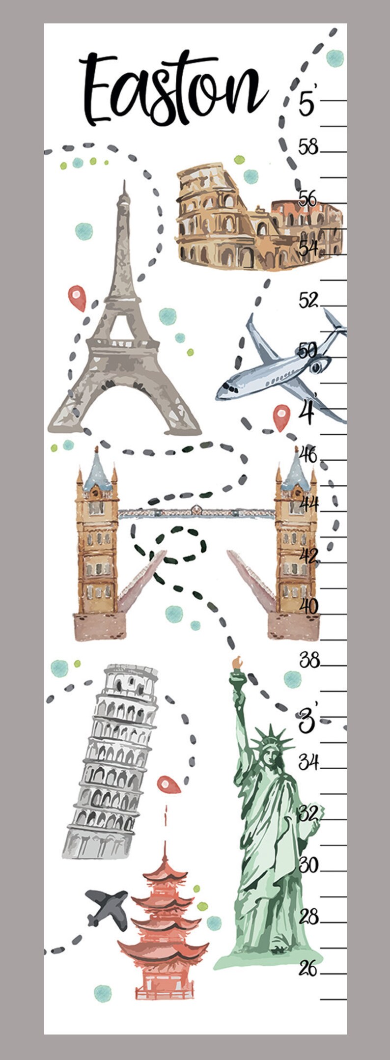 Puede incluir: Un medidor de altura blanco con el nombre Easton en la parte superior, ilustrado con la Torre Eiffel, el Coliseo, el Tower Bridge, la Torre de Pisa, la Estatua de la Libertad y una pagoda, junto a una ruta de viaje punteada y marcas imperiales.