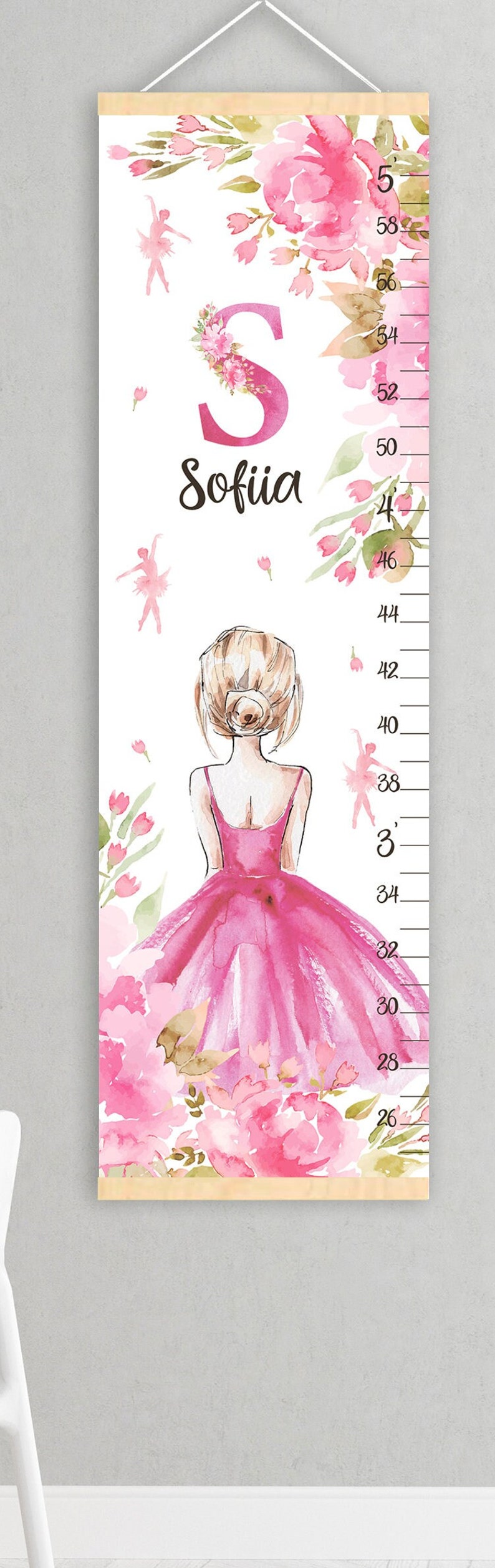 Ballet growth chart Ballerina height chart Dancer and flowers nursery decor Shower or birthday gift image 2