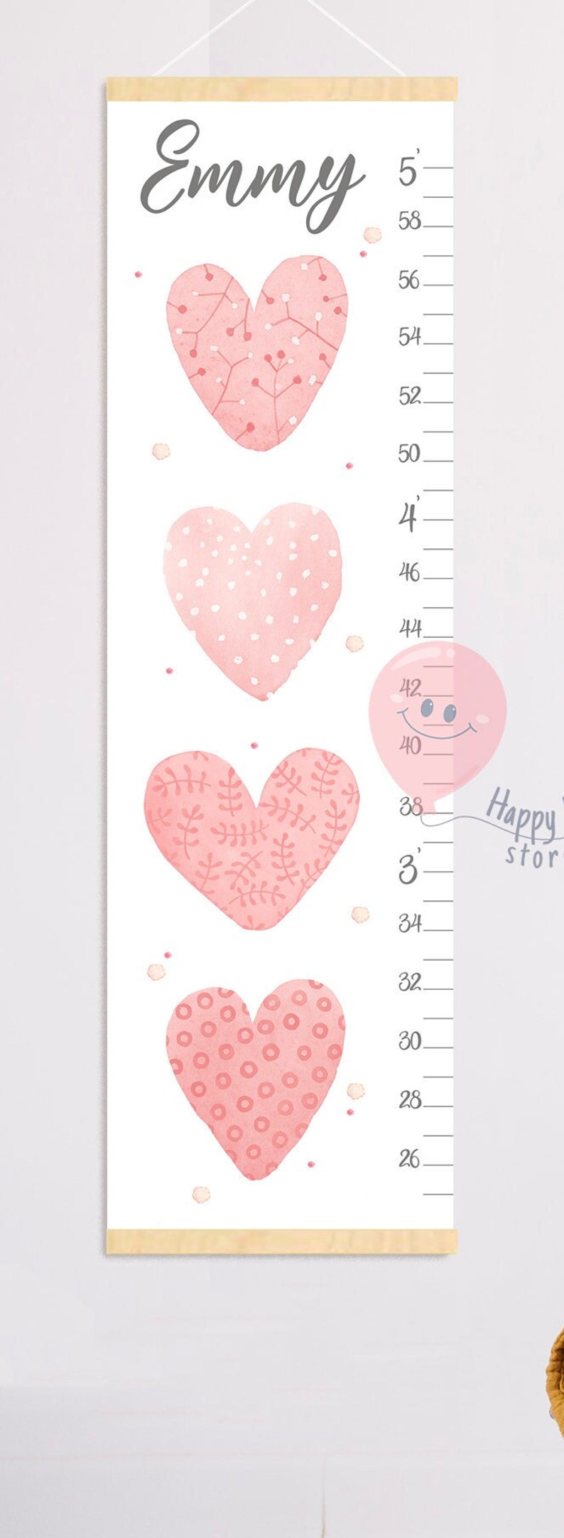 Hearts Height Chart Girl Growth Chart Watercolor Heart Nursery Wall Art
