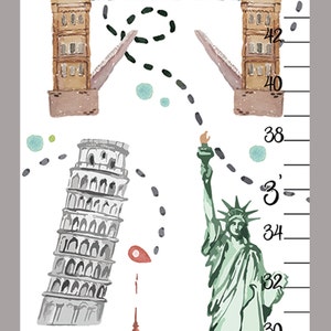Puede incluir: Un medidor de altura blanco con ilustraciones en acuarela del Tower Bridge, la Torre de Pisa, la Estatua de la Libertad y una pagoda. Un camino de puntos conecta los monumentos. Una escala vertical muestra los n&uacute;meros del 28 al 46 cm.