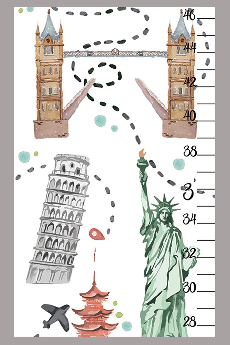 Puede incluir: Un medidor de altura blanco con ilustraciones en acuarela del Tower Bridge, la Torre de Pisa, la Estatua de la Libertad y una pagoda. Un camino de puntos conecta los monumentos. Una escala vertical muestra los n&uacute;meros del 28 al 46 cm.