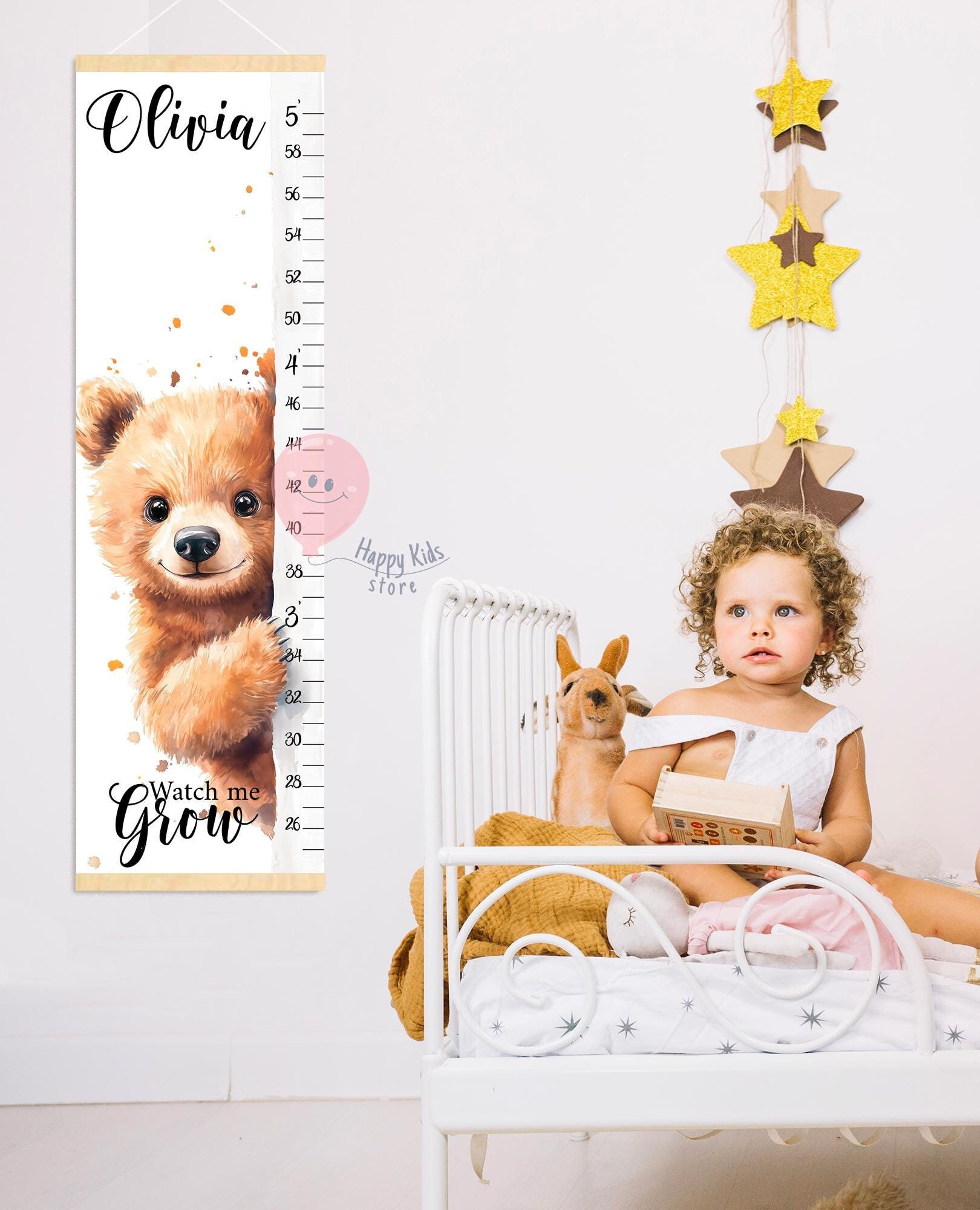 Height chart baby bear growth Woodland growth chart Forest animals nursery art First birthday or shower gift