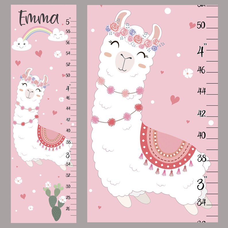 May include: A pink and white growth chart featuring a cute cartoon llama wearing a flower crown and a pink and red patterned skirt. The chart includes measurements in inches from 26 to 58 inches. The text "Emma" is at the top of the chart.