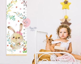 Bunny with flowers and strawberries growth chart Personalized height chart Baby girl rabbit nursery room decor Shower gift