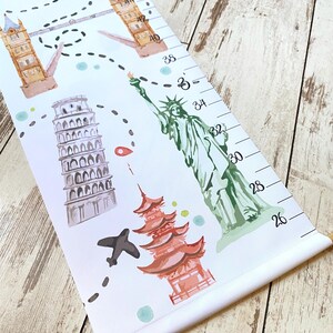 Puede incluir: Un medidor de altura de lienzo blanco con ilustraciones en acuarela de monumentos mundiales, incluyendo la Torre Eiffel, el Big Ben, la Torre de Pisa, la Estatua de la Libertad y una pagoda, con una ruta de viaje punteada y marcas en pulgadas.