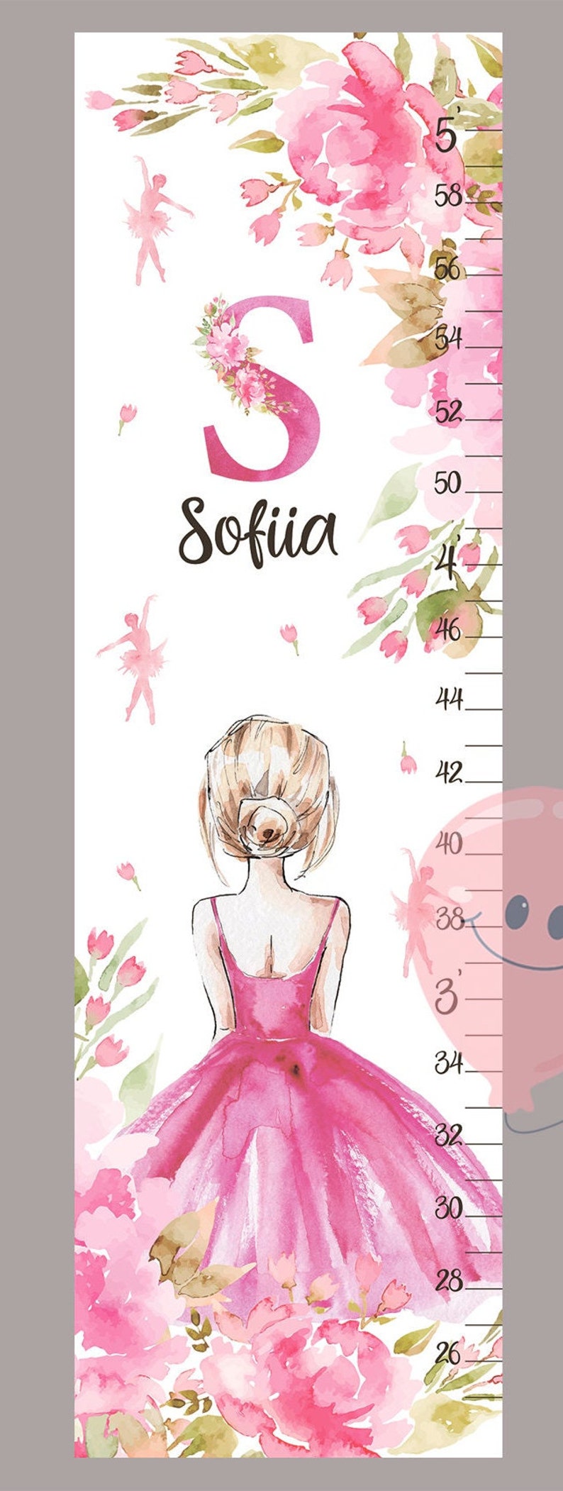 Ballet growth chart Ballerina height chart Dancer and flowers nursery decor Shower or birthday gift image 5