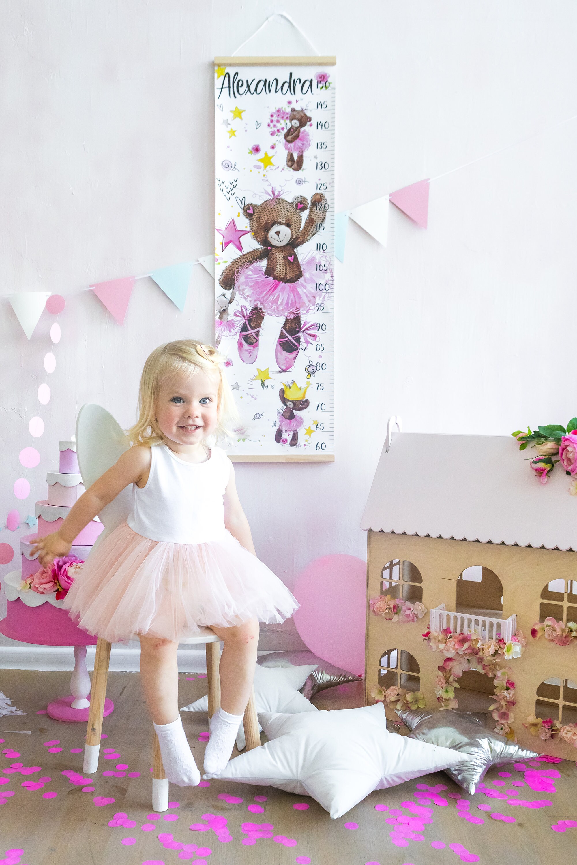 Teddy Bear Ballerina Growth Chart – Girl Nursery Canvas Wall Height Ruler
