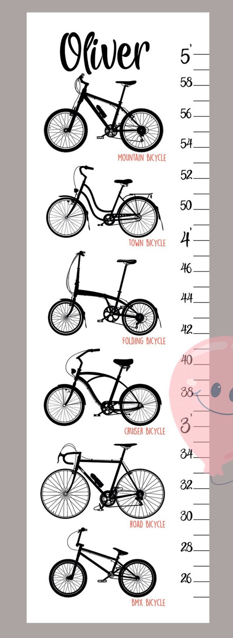 Bike Height Chart Bicykle Growth Chart Cycling Baby Nursery Etsy