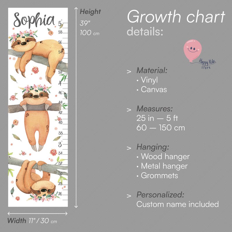 Puede incluir: Una tabla de crecimiento con el nombre Sophia y tres perezosos ilustrados colgados de ramas con flores. La tabla muestra medidas de 60 cm a 150 cm, con un ancho de 30 cm y una altura de 39 pulgadas a 100 cm.