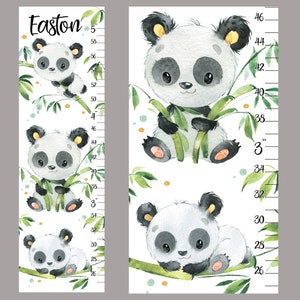 May include: A white growth chart with a panda bear design. The chart features a panda bear holding bamboo stalks and has a measurement scale from 26 to 46 inches. The chart is personalized with the name Easton.
