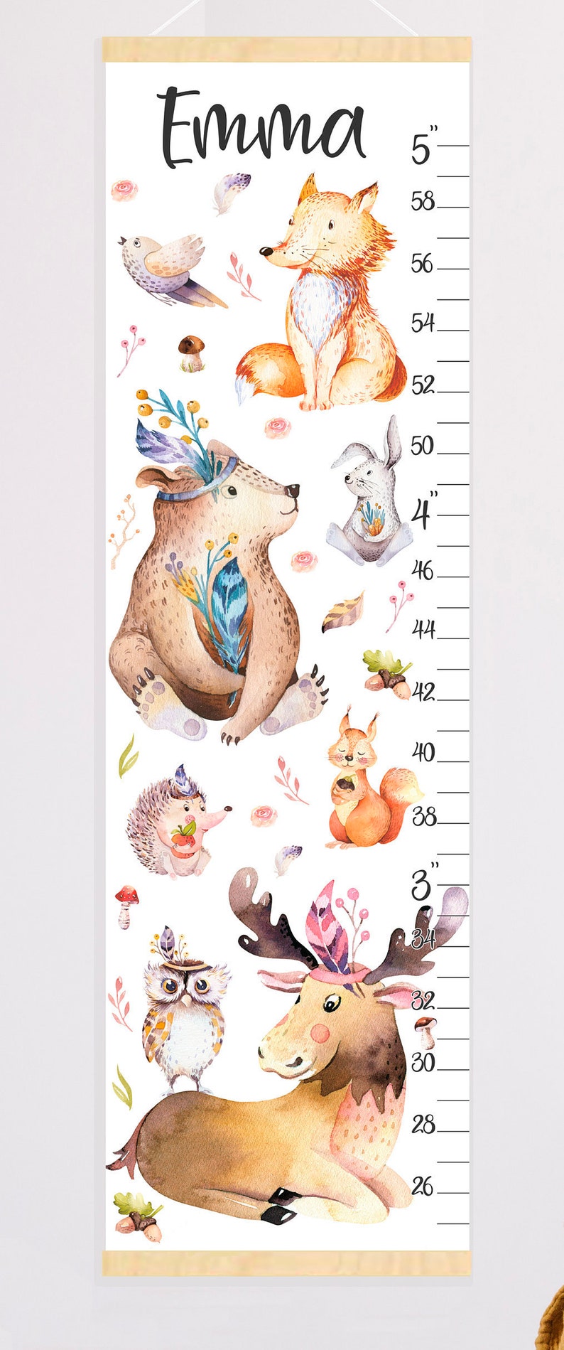 Woodland Animals Growth Chart Boho Animals Nursery Art Canvas Etsy