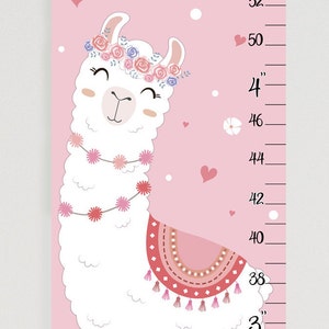 May include: Pink growth chart with a llama wearing a flower crown and a colorful blanket. The chart has a rainbow and clouds at the top and a cactus at the bottom. The chart measures from 26 inches to 5 feet.