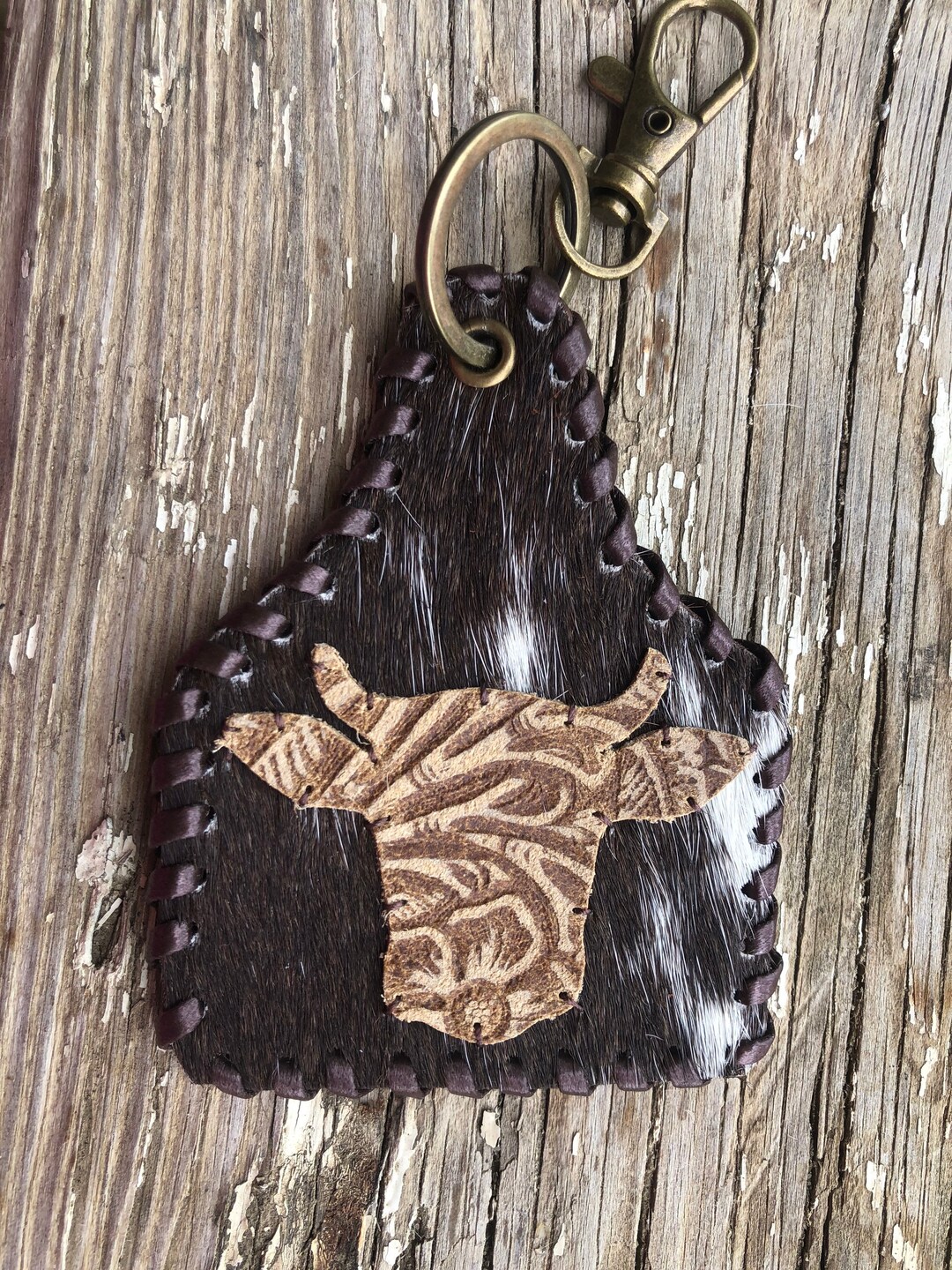 Cowhide Tooled Cow Head Keychain Etsy