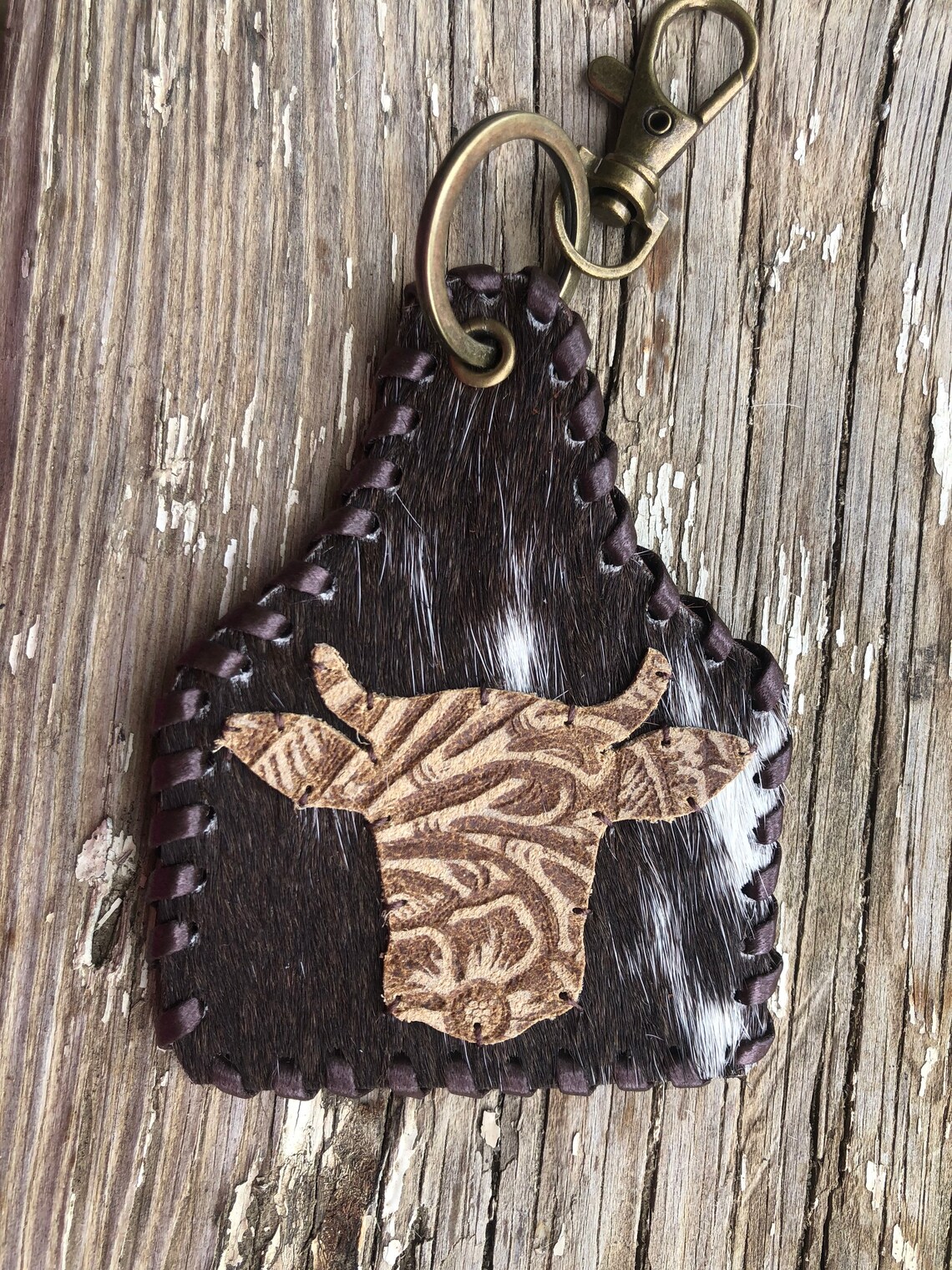 Cowhide tooled Cow head keychain Etsy