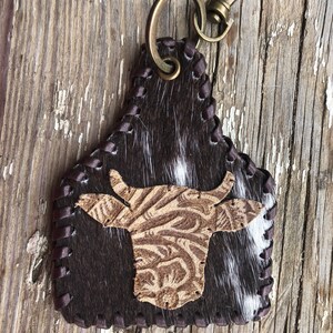 Cowhide tooled Cow head keychain