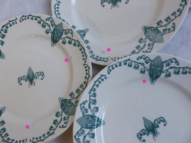 19th To Early 20th Century Emerald Green Transfer Ware Lily Of The Valley Set Of 6 Antique French Green Transferware Kitchen Dining Home Living
