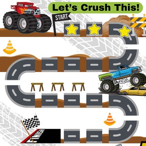 May include: A monster truck race game board with a red monster truck at the start and a blue monster truck with a shark fin at the finish line. The game board has a winding road with obstacles and a finish line. The text "Let's Crush This!" is at the top of the board and "You Did It!" is at the bottom.