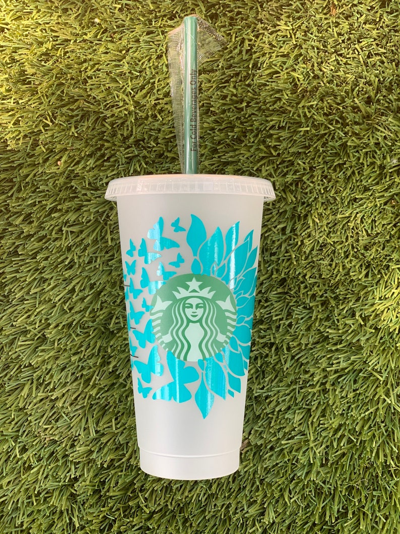 Sunflower Butterfly Starbucks reusable cup 24oz personalized gift birthday gift