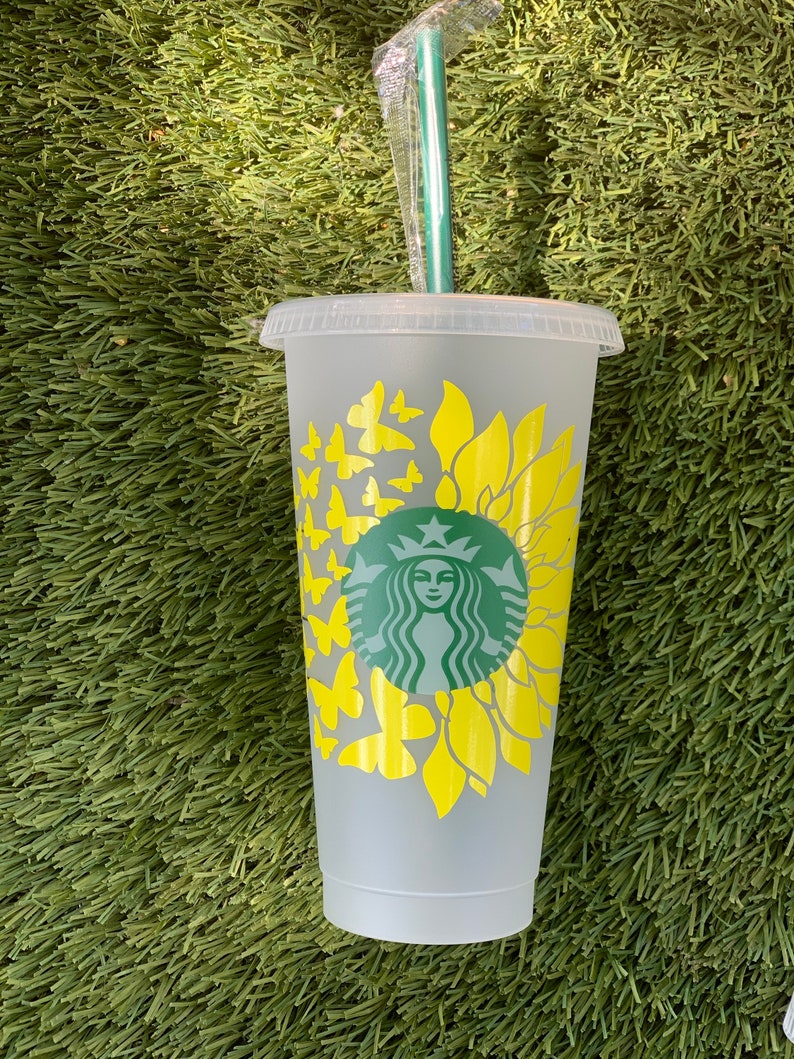 Sunflower Butterfly Starbucks reusable cup 24oz personalized gift birthday gift