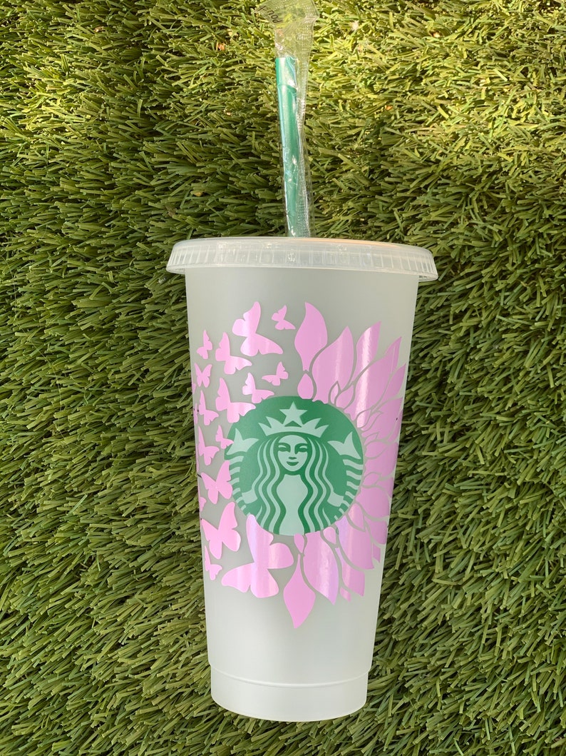 Sunflower Butterfly Starbucks reusable cup 24oz personalized gift birthday gift