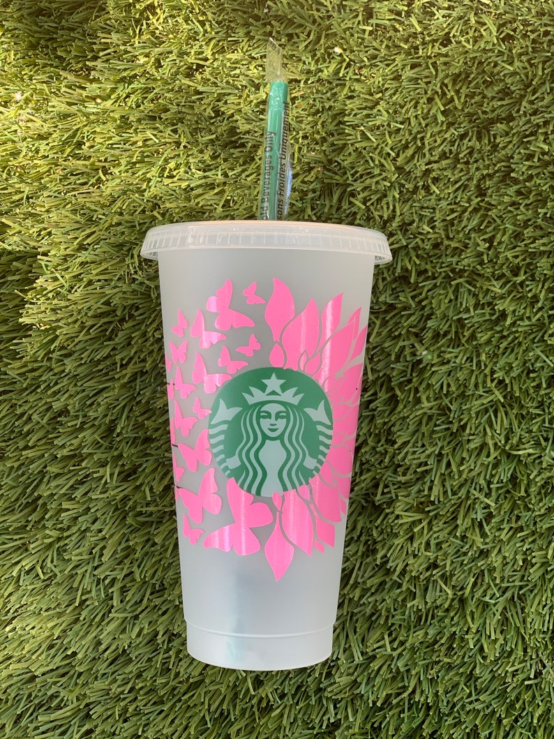 Sunflower Butterfly Starbucks reusable cup 24oz personalized gift birthday gift