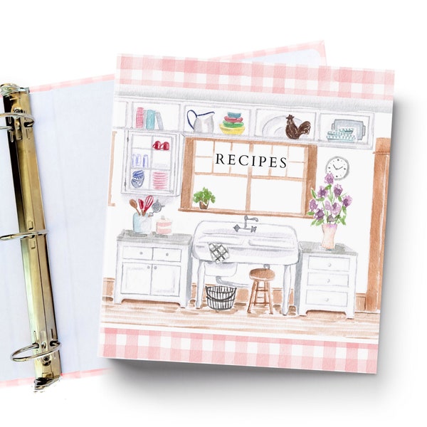 Customizable Retro kitchen recipe binder, vintage kitchen 3-ring recipe binder for 8.5 x 11 recipe sheets-PINK