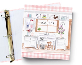 Customizable Retro kitchen recipe binder, vintage kitchen 3-ring recipe binder for 8.5 x 11 recipe sheets-PINK