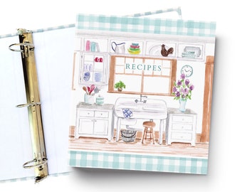 Customizable Retro kitchen recipe binder, vintage kitchen 3-ring recipe binder for 8.5 x 11 recipe sheets