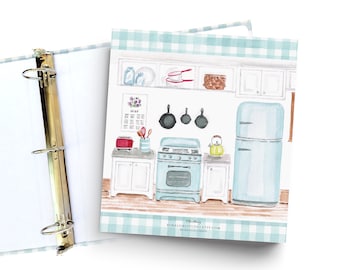 Kitchen 3-ring recipe binder Vintage kitchen 3-ring recipe binder for 8.5 x 11 recipe sheets with a Large 2" spine. BACK of binder is shown.